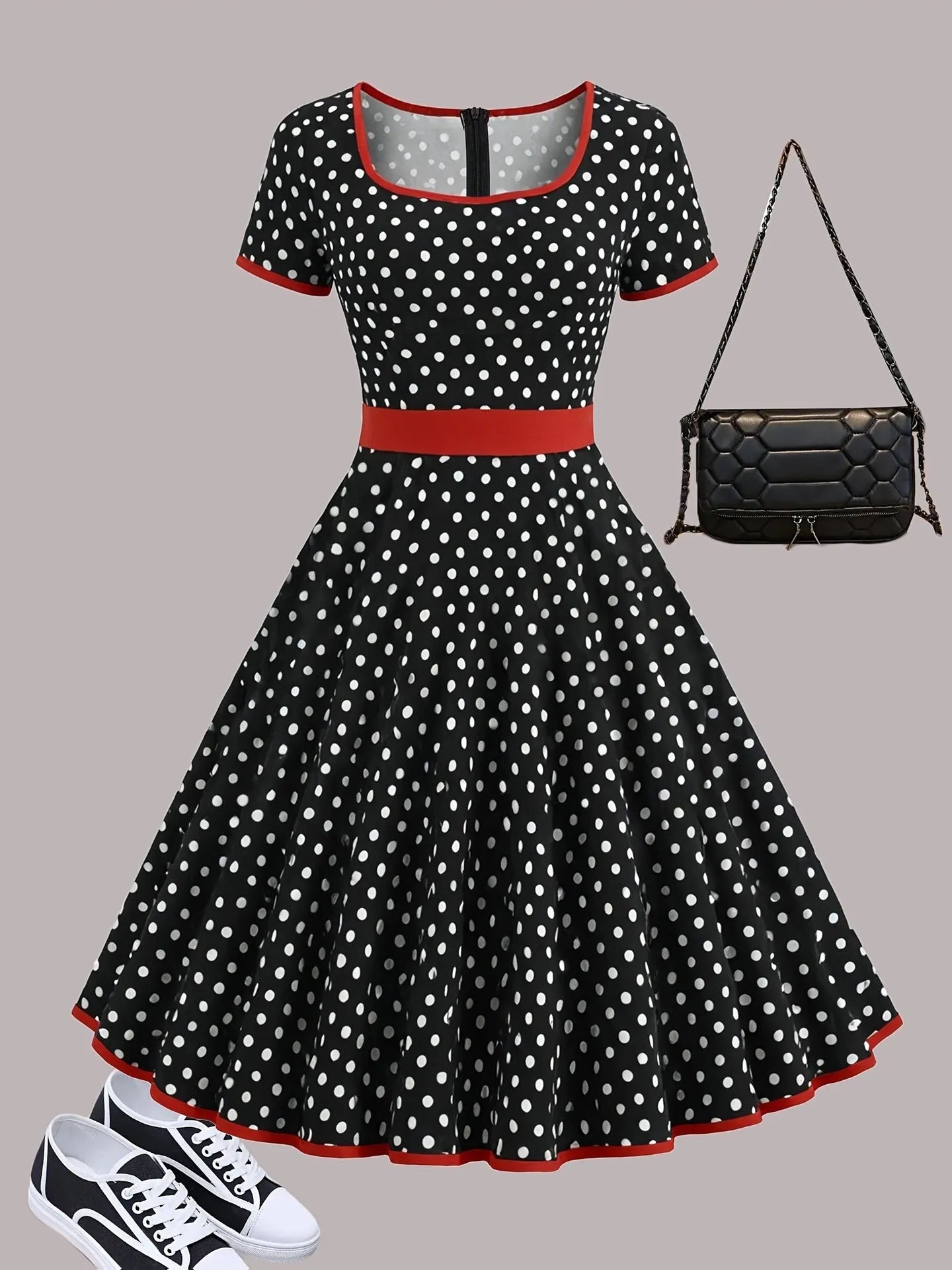 Multicolour polka dot dress with a square collar, short sleeves, pleated skirt, and a front zipper.