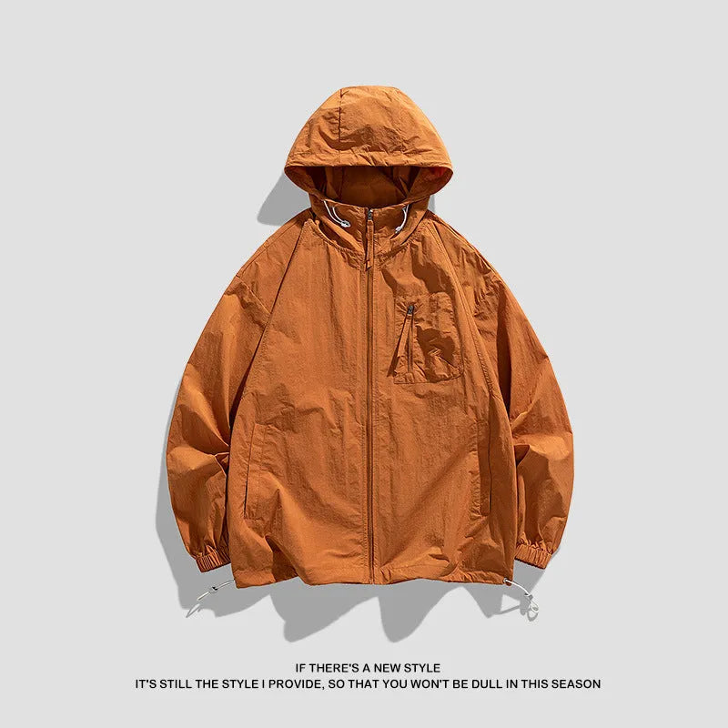 Lightweight Lycra sun protection hooded jacket in caramel colour showing front view