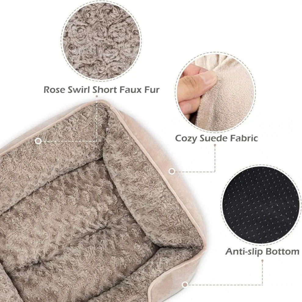 Beige plush kennel dog bed with stuffed Golden Retriever toy, suitable for small and large dogs.