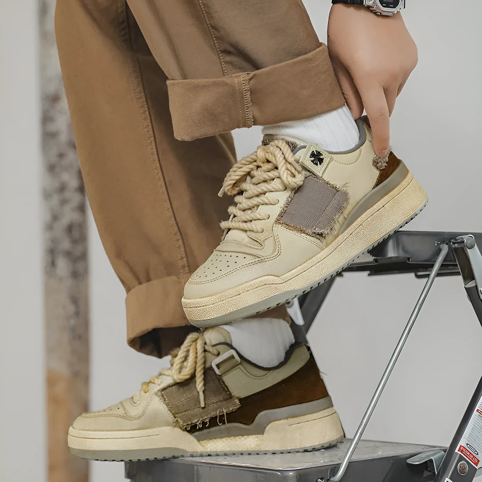 Beige vintage style skateboard sneakers with round toe and rubber sole