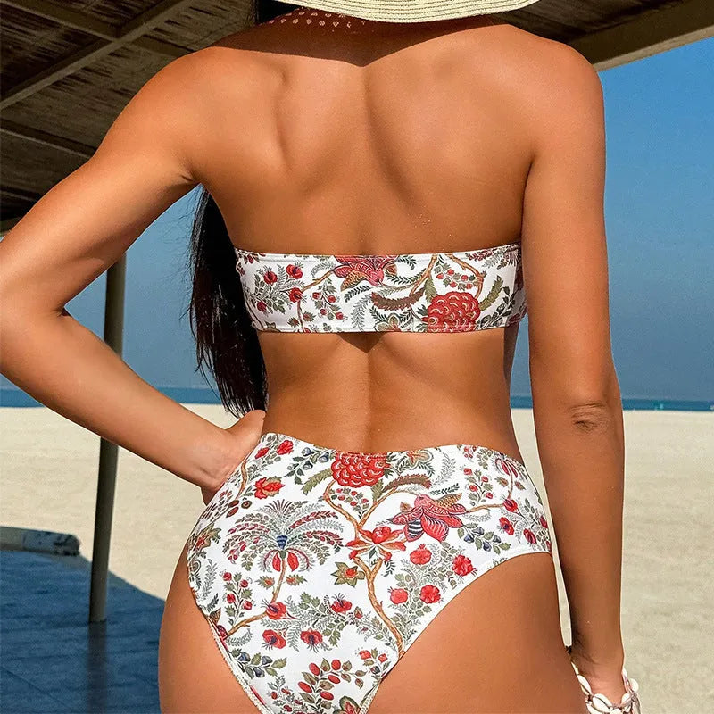 Women's printed bandeau triangle top and shorts swimsuit set.