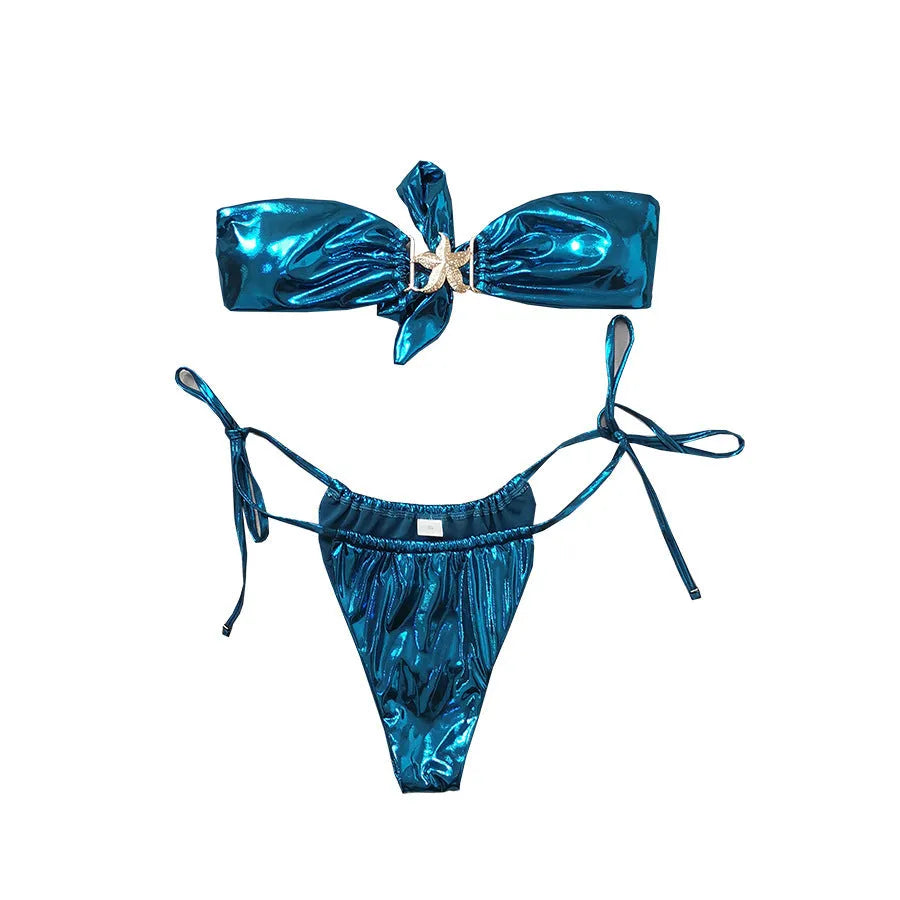 Women's glossy tube top split bikini with gold starfish pattern in sapphire blue colour