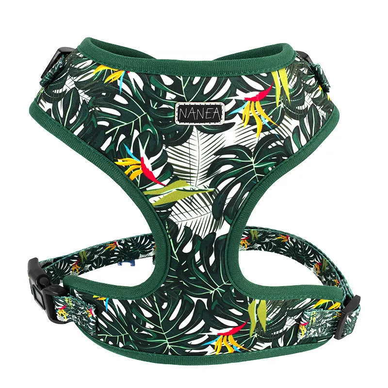 Adjustable cloth dog harness set with six pieces including waste bag and accessories in three size options