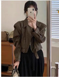 Women's slim-fit short imitation leather coat jacket in brown colour with pockets