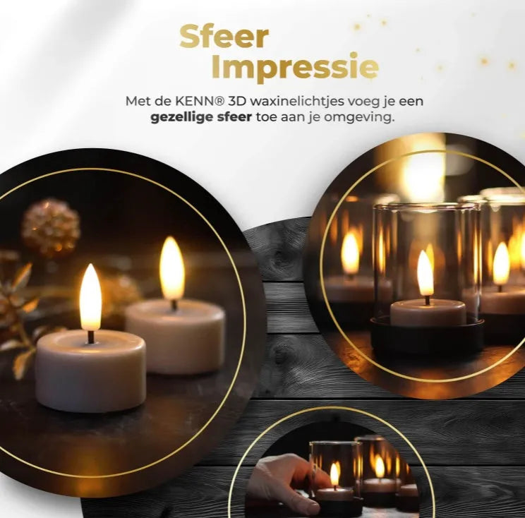 Four taupe coloured S10 3D flame LED tealight candles showing flickering light effect.