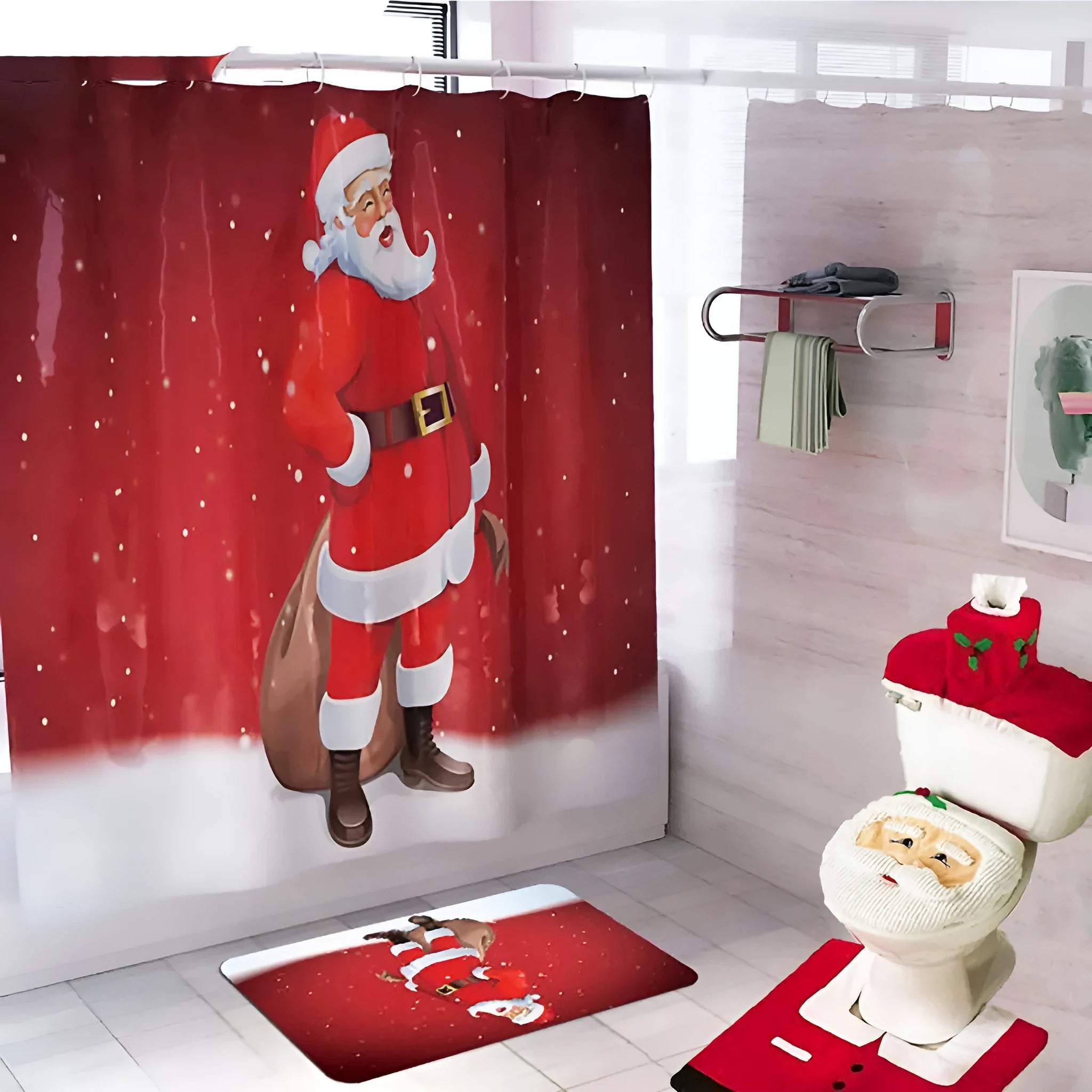 Christmas bathroom set with flannel shower curtain, toilet covers, and plastic-backed floor mat in Santa design