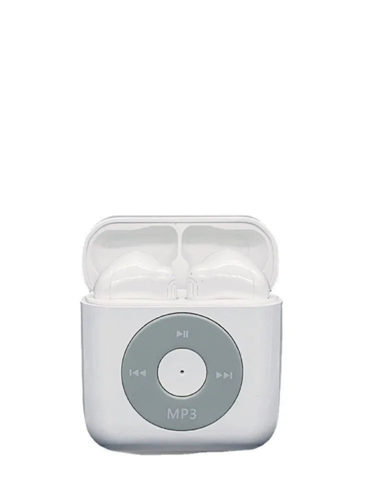 White wireless Bluetooth semi in-ear earphones next to their compact charging case.
