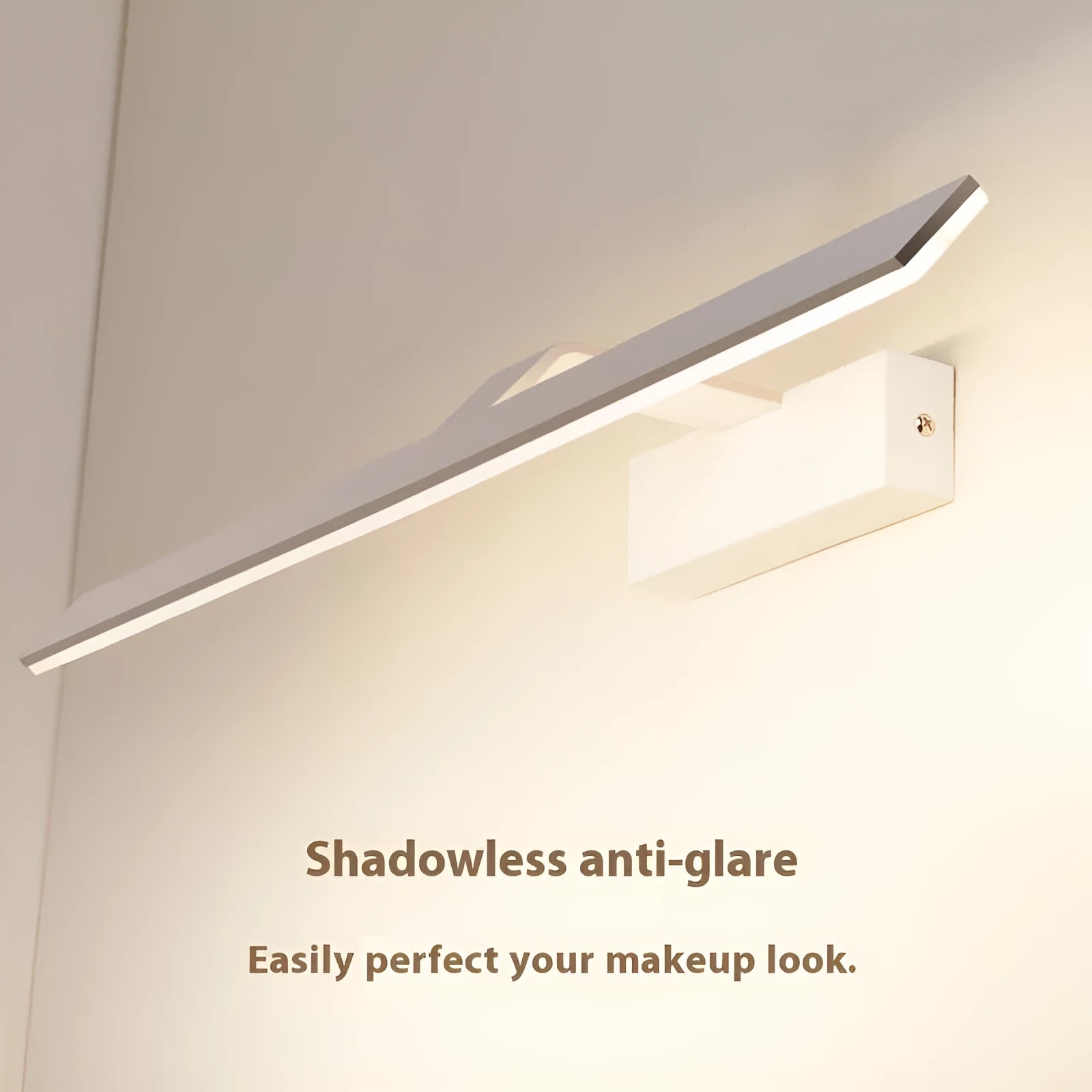 White framed LED bathroom mirror headlight mounted on wall showing three light colour options.