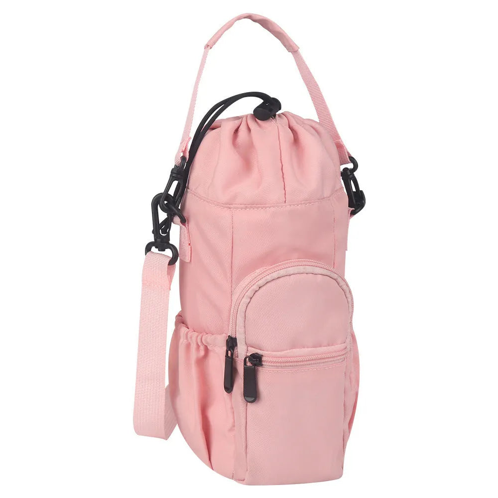 Canvas water bottle pouch with elastic drawstring closure showing black, green, and pink colour options