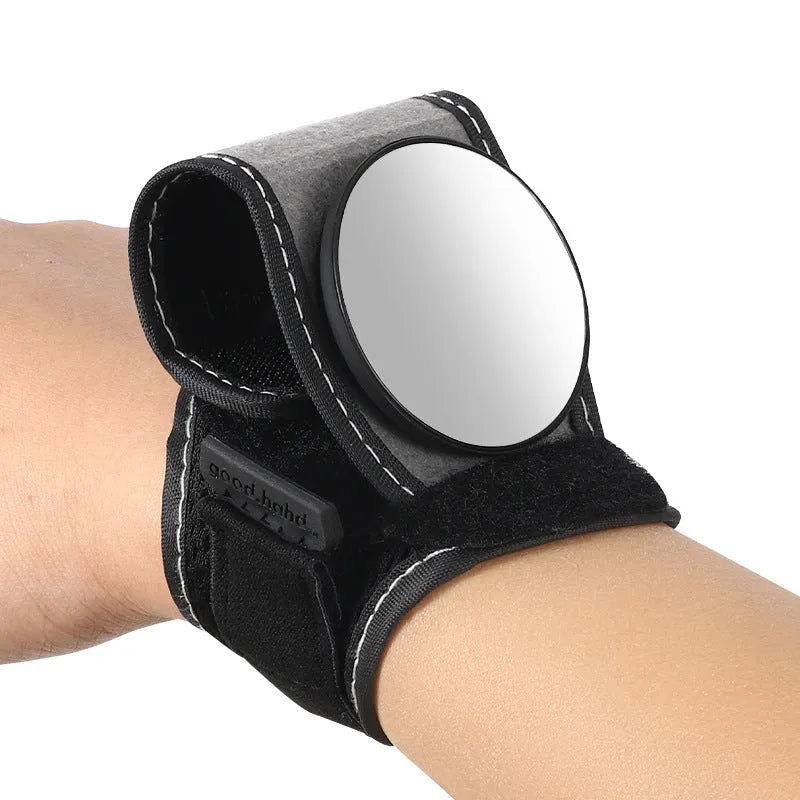 Black nylon cycling rear-view mirror with universal bicycle mount and adjustable viewing mechanism