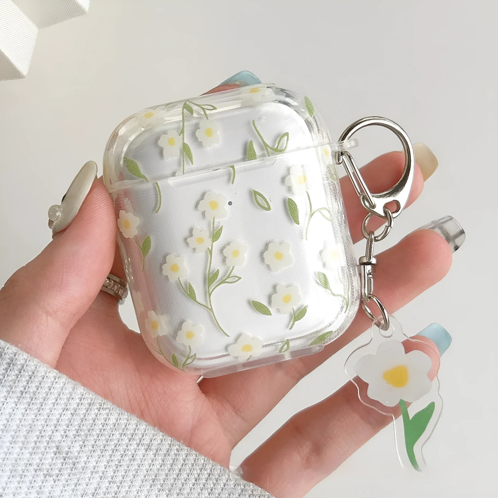 White floral high-transparency TPU protective cover for Apple AirPods showing decorative patterns