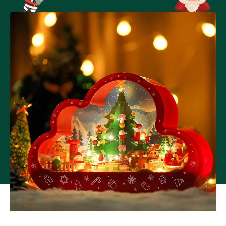 Assembled building block cloud night lamp with LED lights and decorative mirror frame showing fairy tale Christmas tree design