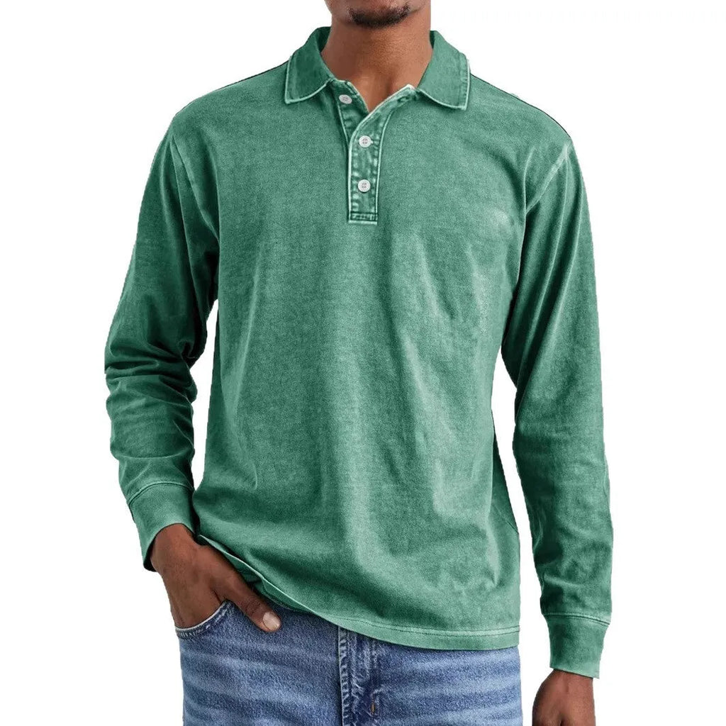 Men's distressed cotton lapel polo shirt in retro washed army green with long sleeves