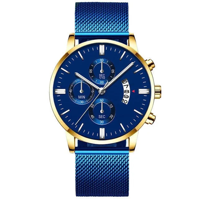 Mens stainless steel mesh band quartz watch with analogue display on wrist