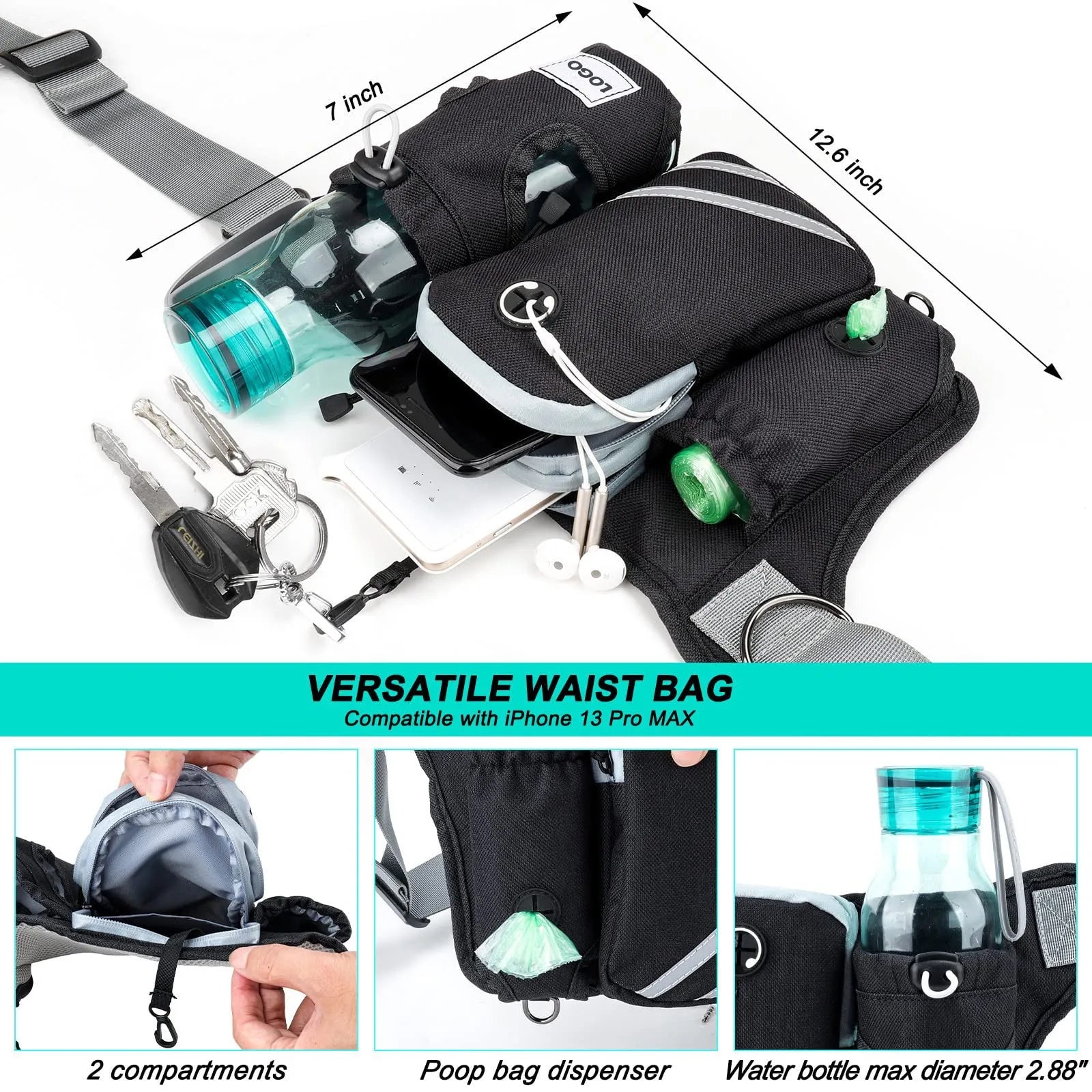 Black nylon waterproof waist bag with integrated dog leash system for outdoor training
