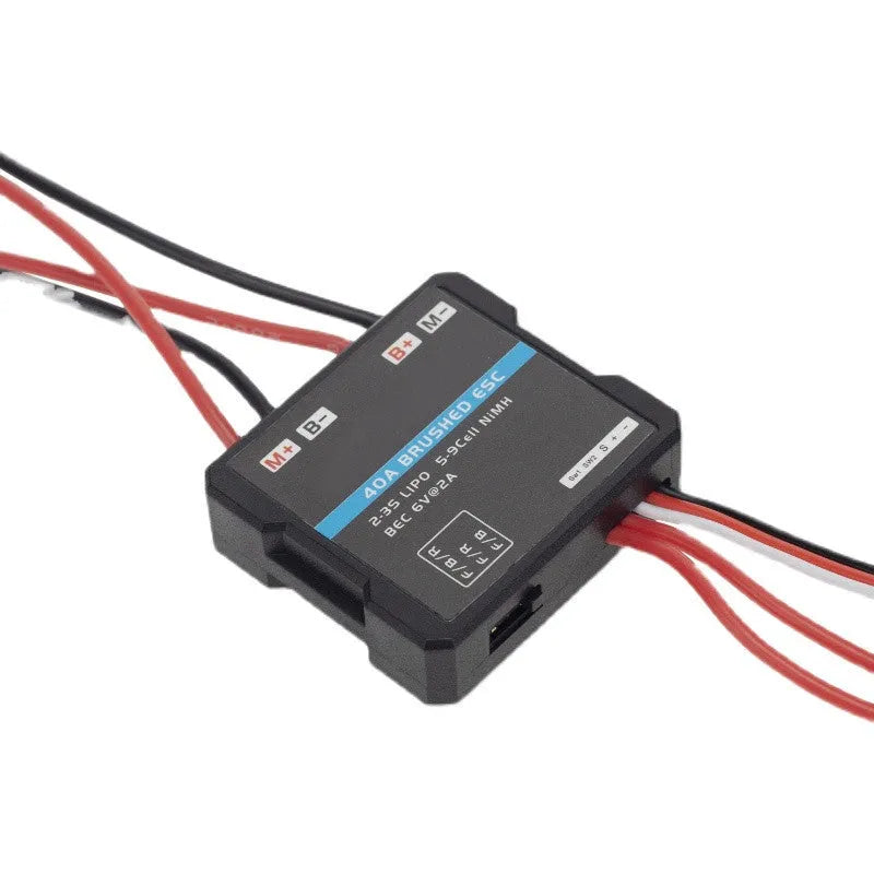 Small Boat 40A miniature brushed electronic speed controller for 1/16 and 1/18 scale RC vehicles.