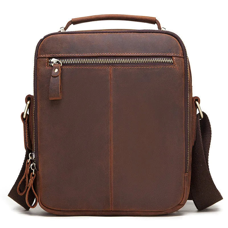 Men's brown Crazy Horse leather crossbody bag with European retro styling and sewing line details