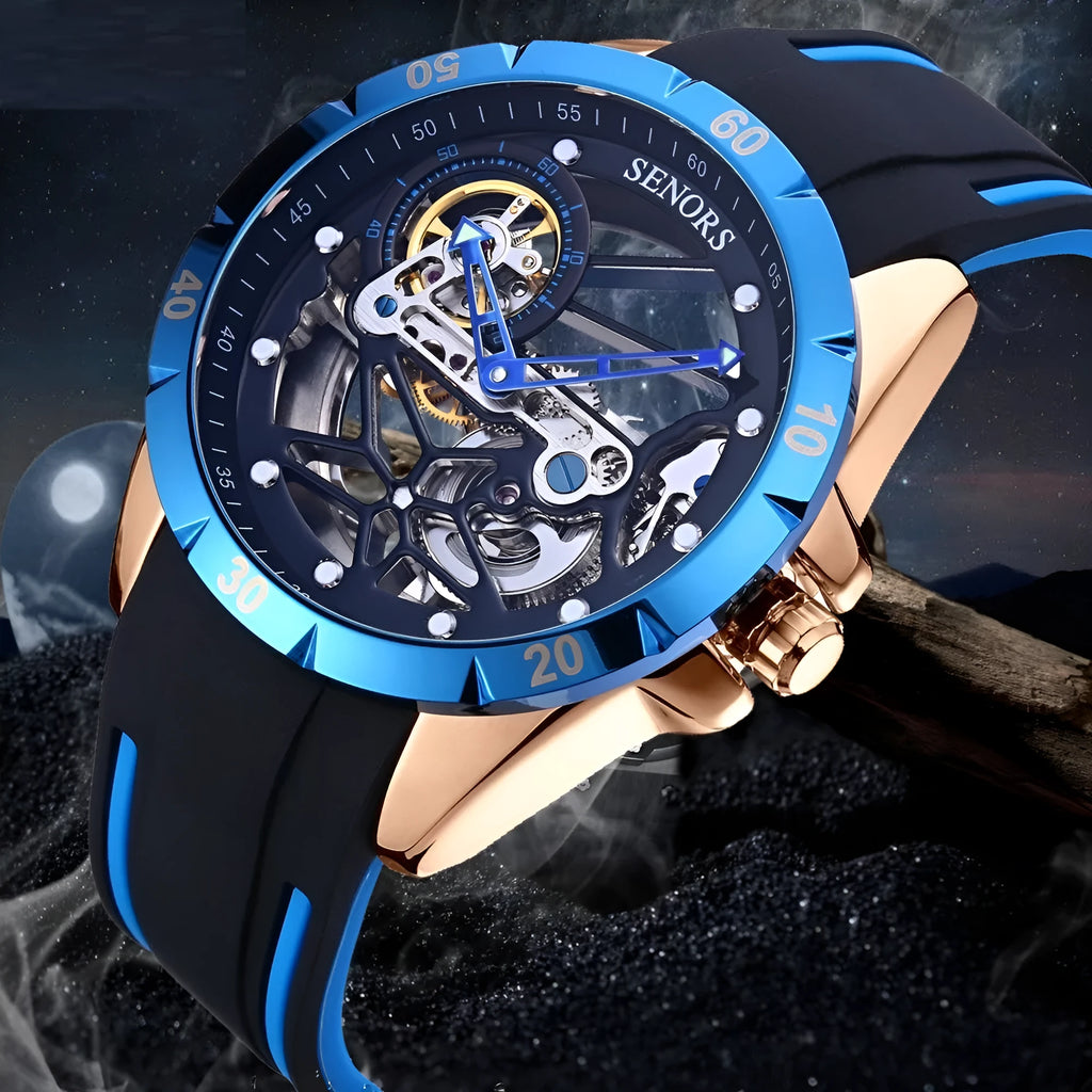Rose golden skeleton men's watch showing visible automatic movement through open-worked dial design