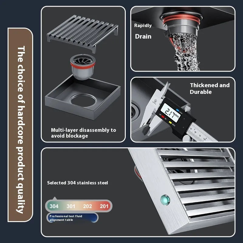 Gun grey 304 stainless steel courtyard deodorant floor drain, 15cm by 15cm.