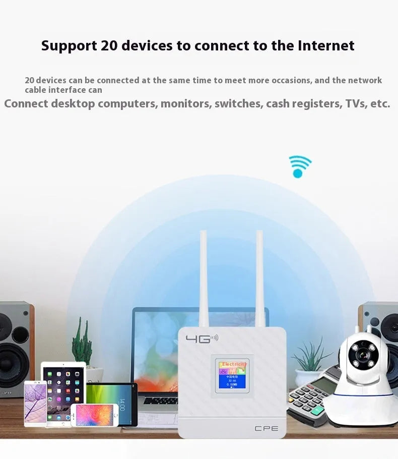 Compact white portable LTE router with two black external antennas standing upright.