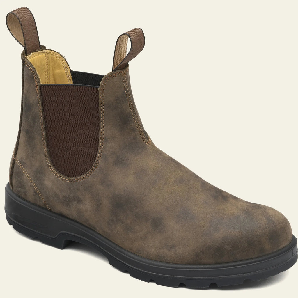 Vintage unisex Chelsea boots with frosted PU upper and car suture detail in multiple colours.