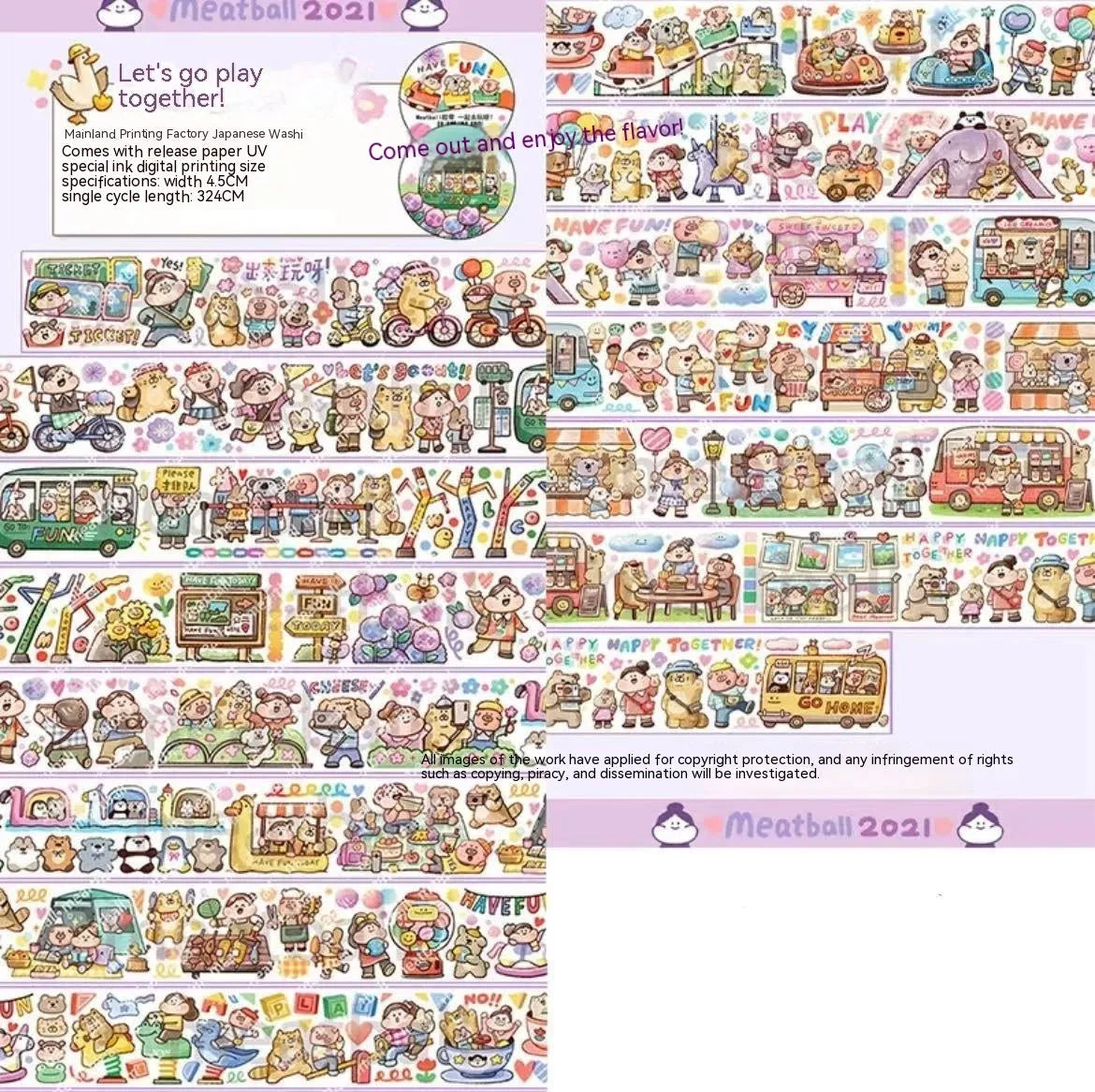 Sheet of cute cartoon character stickers for haemorrhoid tape packaging on Japanese paper.