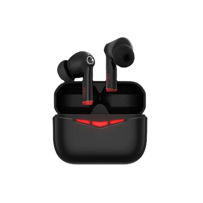 True wireless black gaming earbuds with charging case and three sets of coloured silicone ear tips.