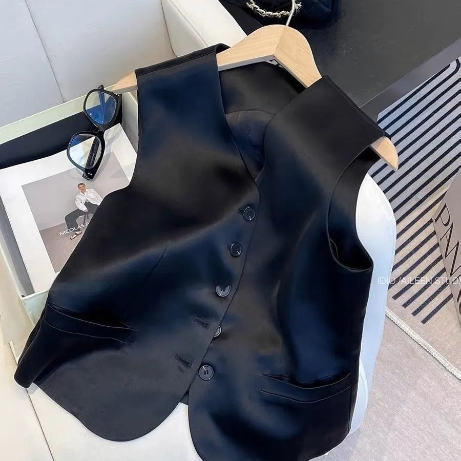 Black satin ladies' sleeveless V-neck vest with splicing detail, shown on a hanger.