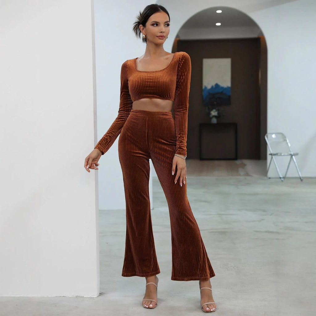 Caramel coloured long sleeve sweater and trousers casual set on hanger