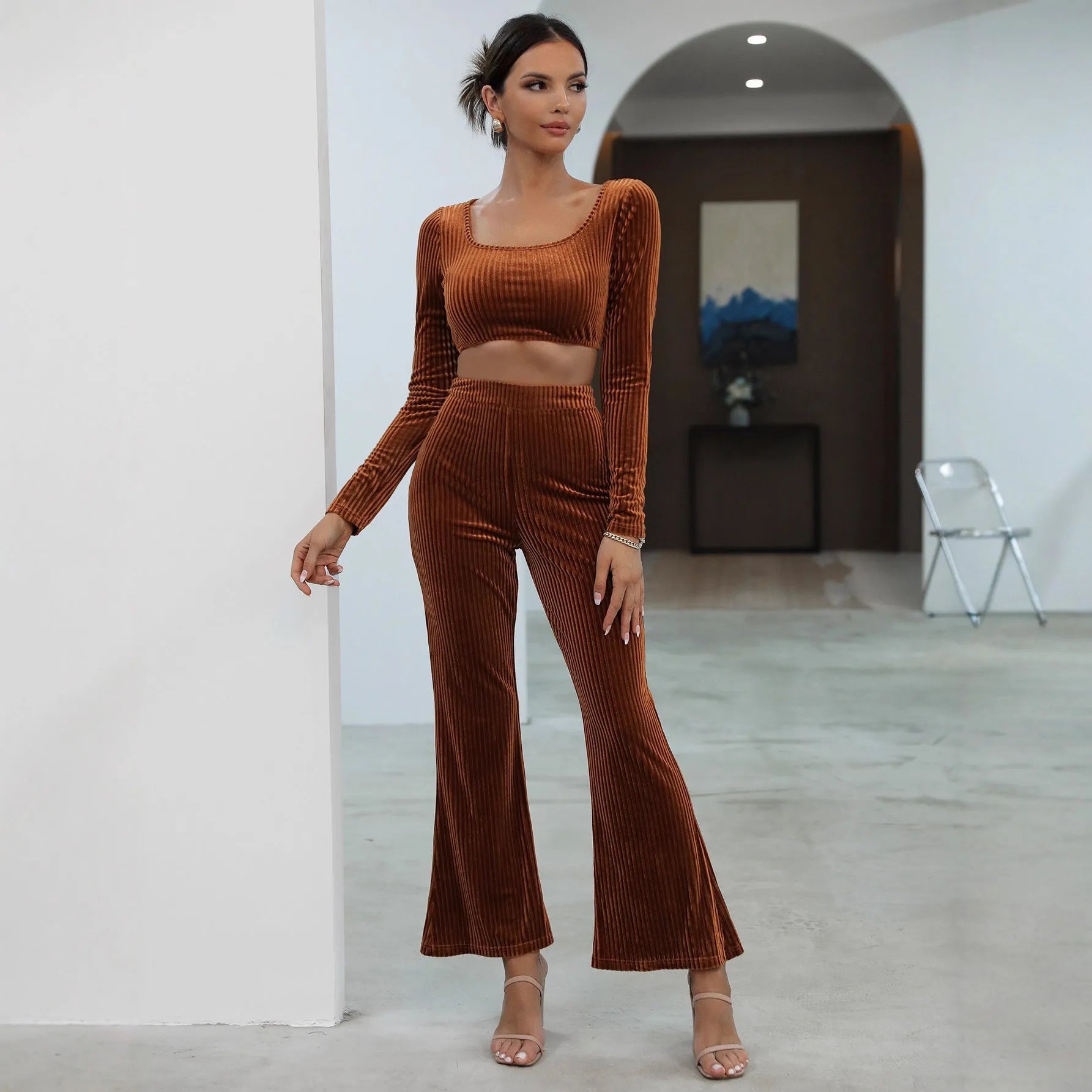 Caramel coloured long sleeve sweater and trousers casual set on hanger