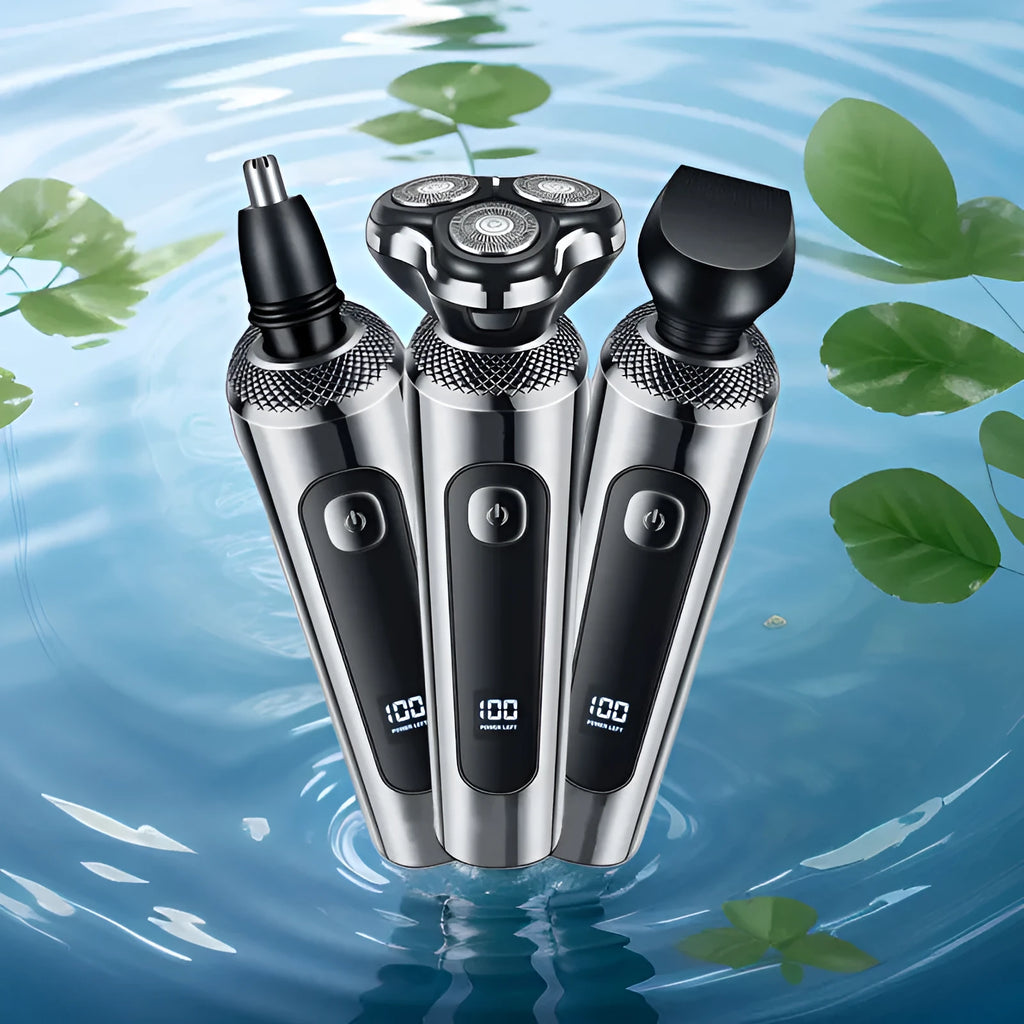 USB rechargeable beard trimmer with digital display and washable design on five-in-one base bracket