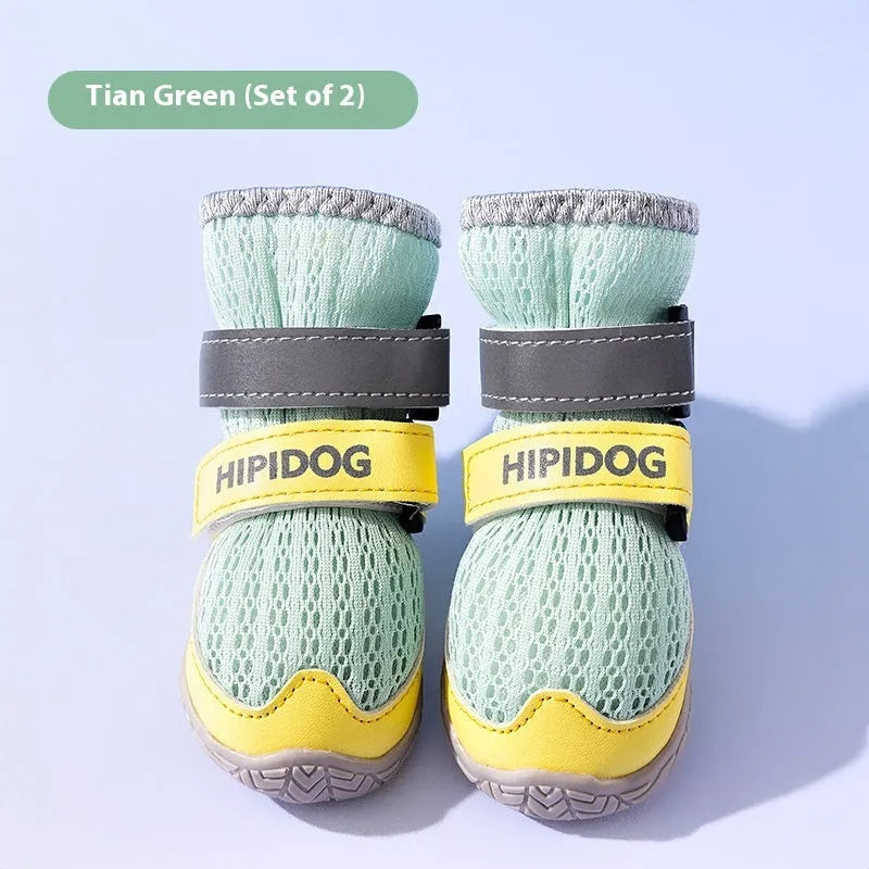 Pair of blue breathable dog shoes with anti-scald soles for summer paw protection