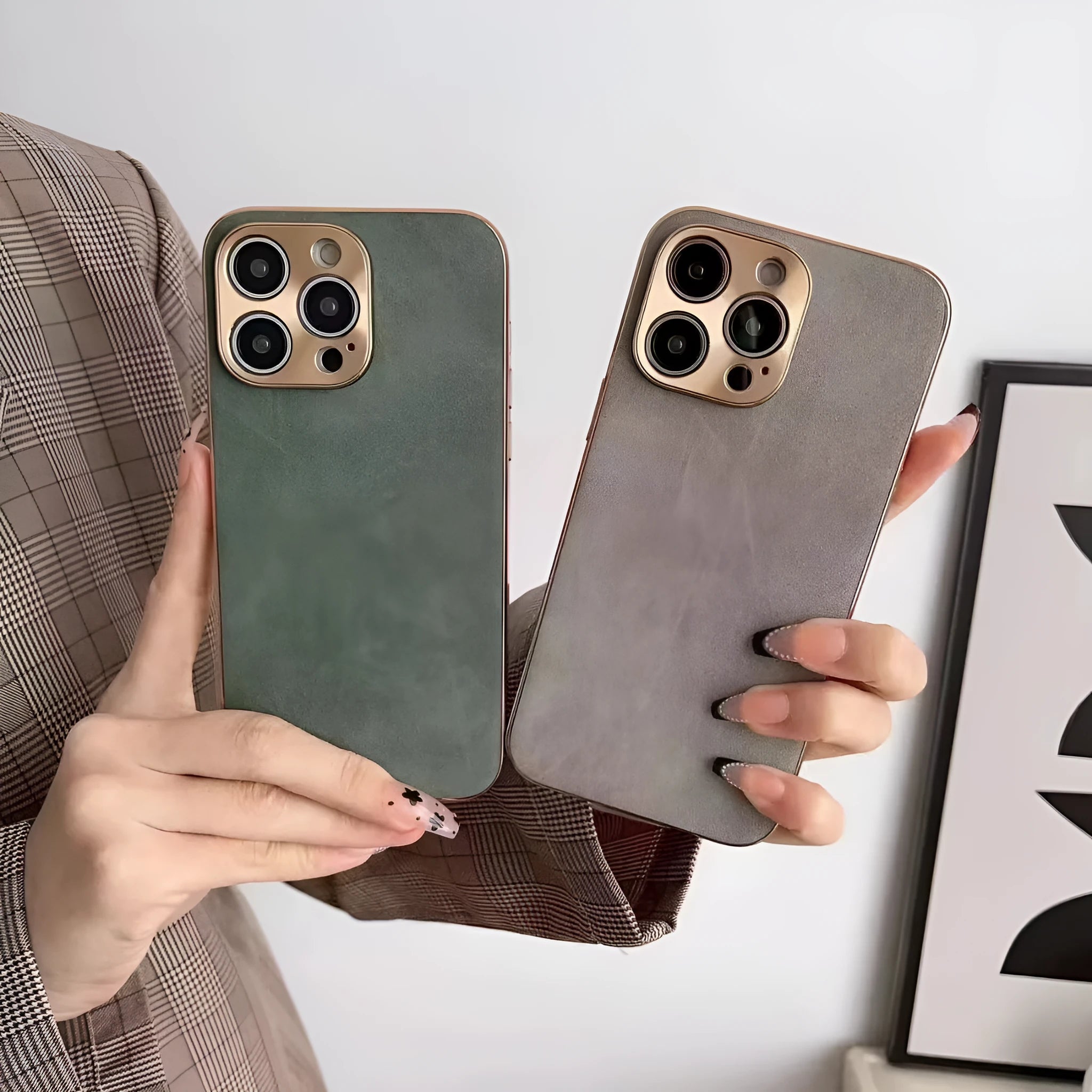 Leather texture iPhone case in grey lying flat, showing its slim profile and solid colour design.