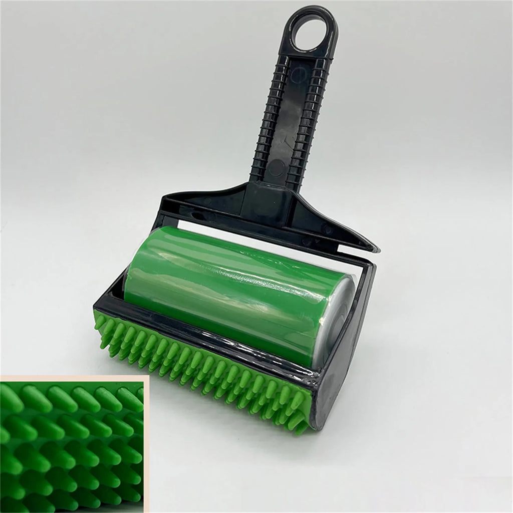 Yellow and green portable washable lint roller for removing pet hair from fabrics.
