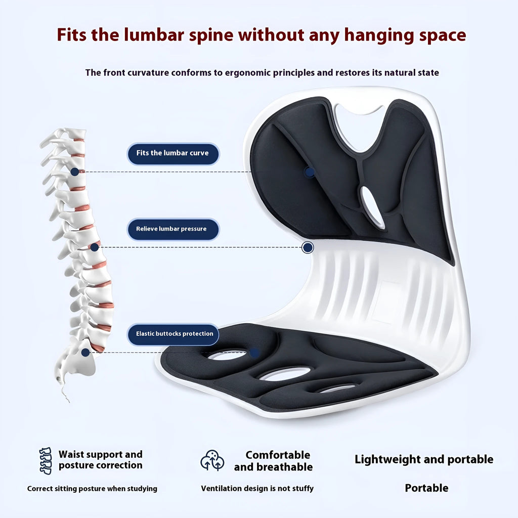 Grey lumbar support cushion with Japanese-style design for office or car seat.