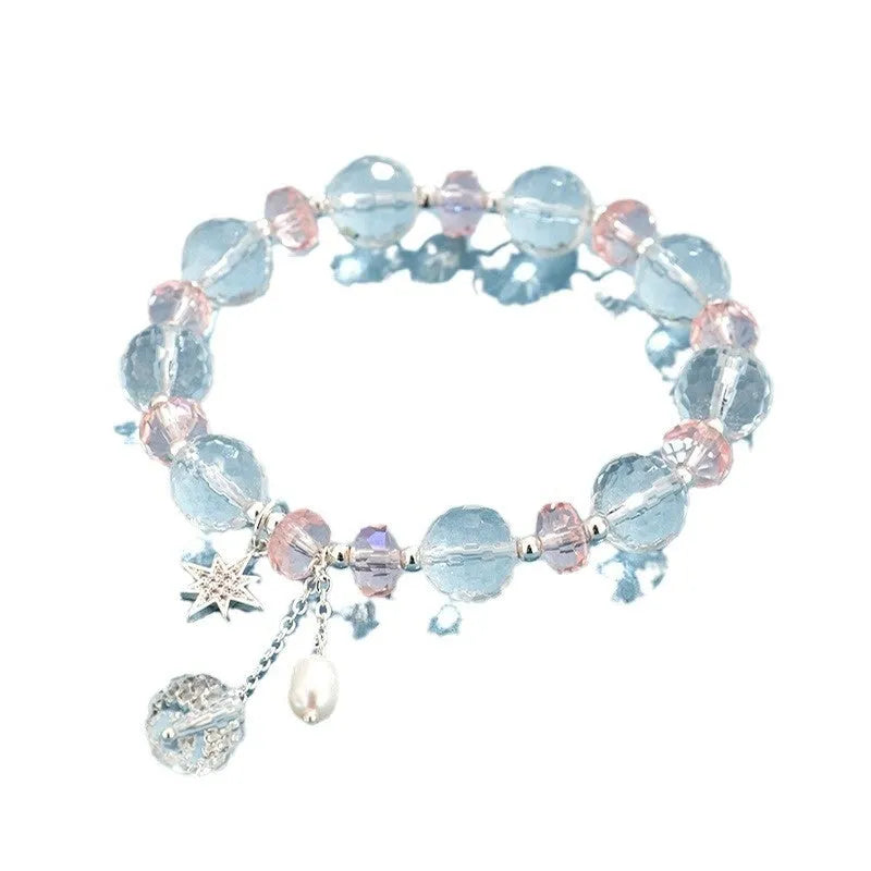 White crystal women's bracelet with lucky cat charm and adjustable electroplated design