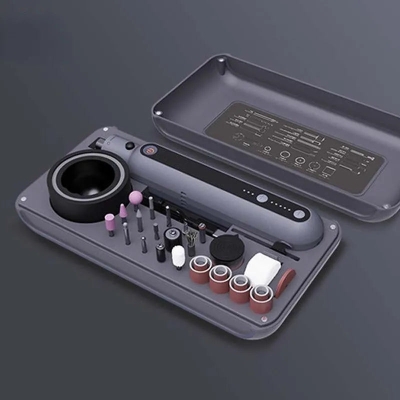 Compact mini electric grinding and polishing machine set with lithium battery.