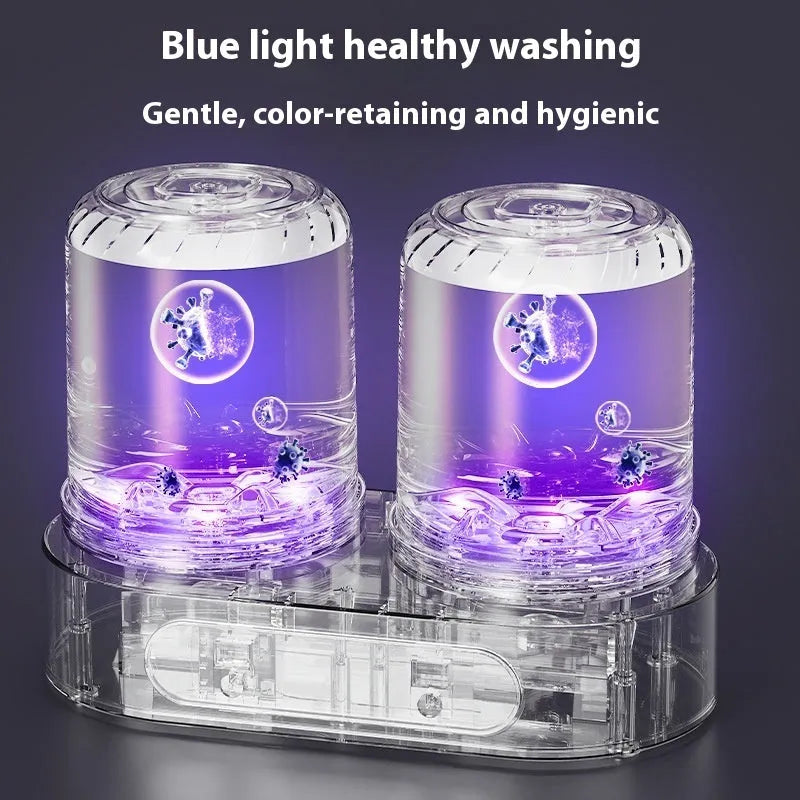 White double bucket mini USB washing machine for small garments on a countertop.