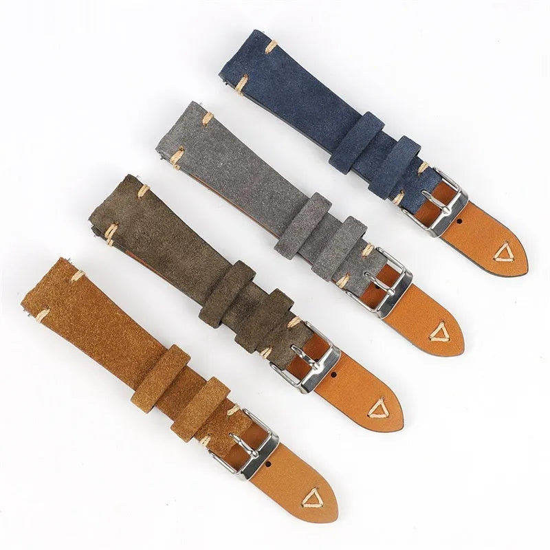 Small waist genuine suede leather watch strap in brown, blue, gray, and Army Green colours.