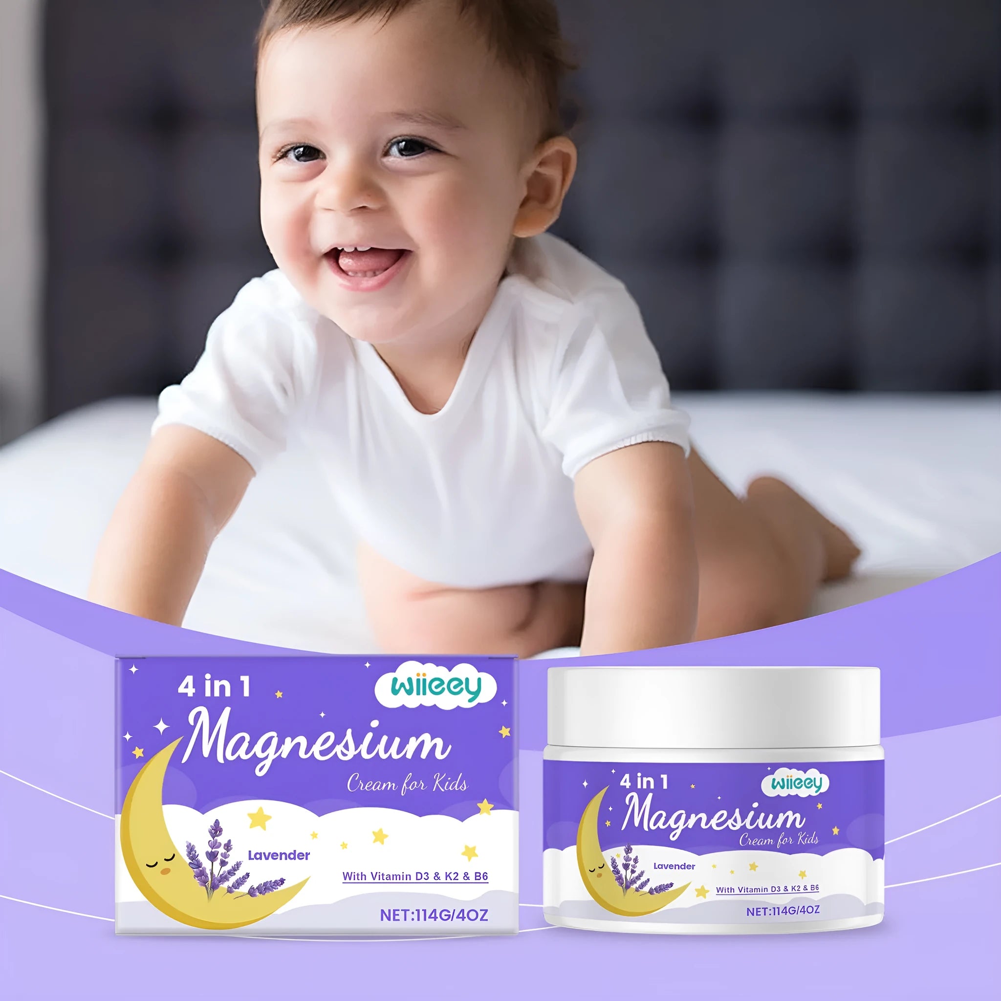 114g jar of 4-in-1 magnesium cream for children with vitamins and lavender oil
