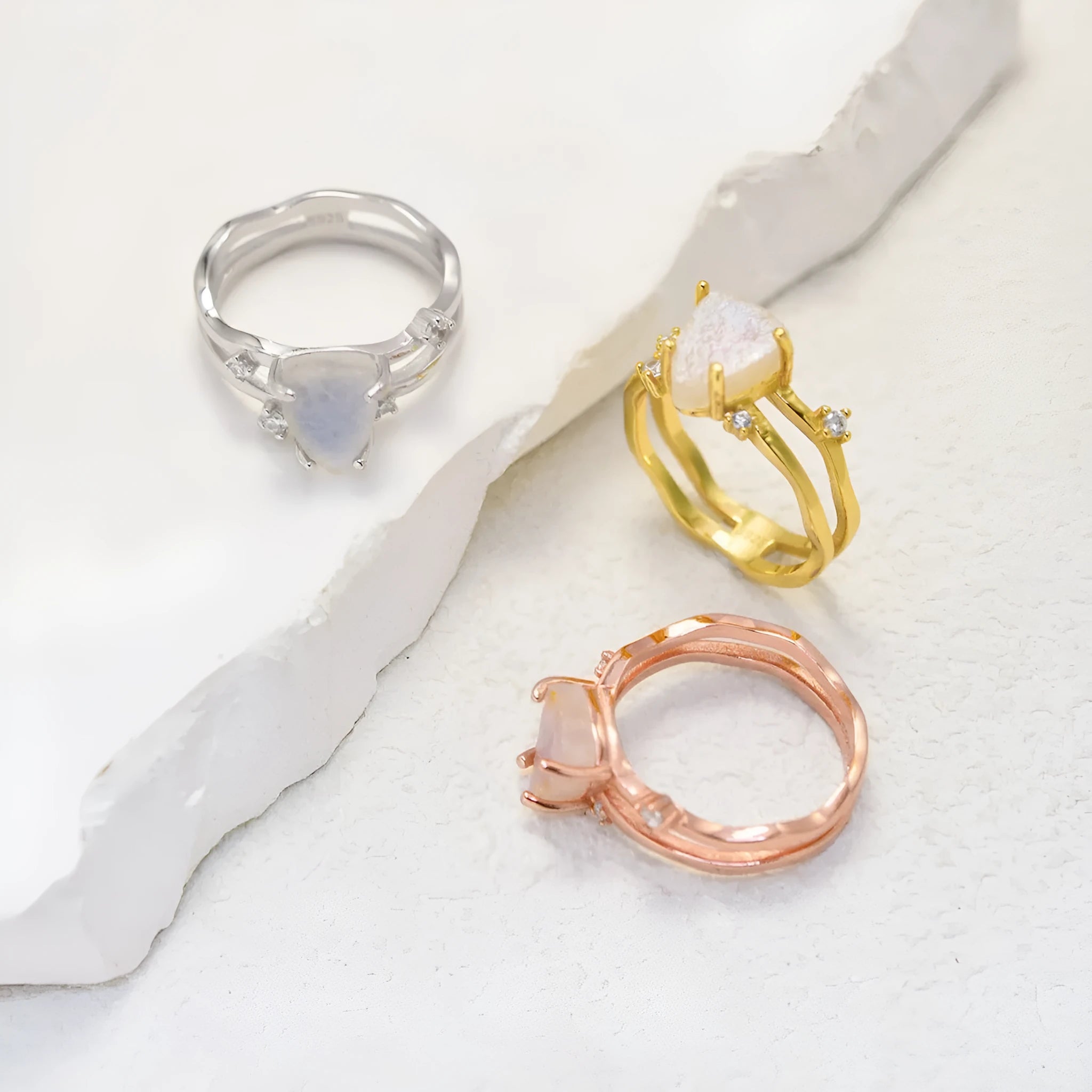 S925 silver irregular triangular moonstone ring in rose gold, white gold, or yellow gold finish.