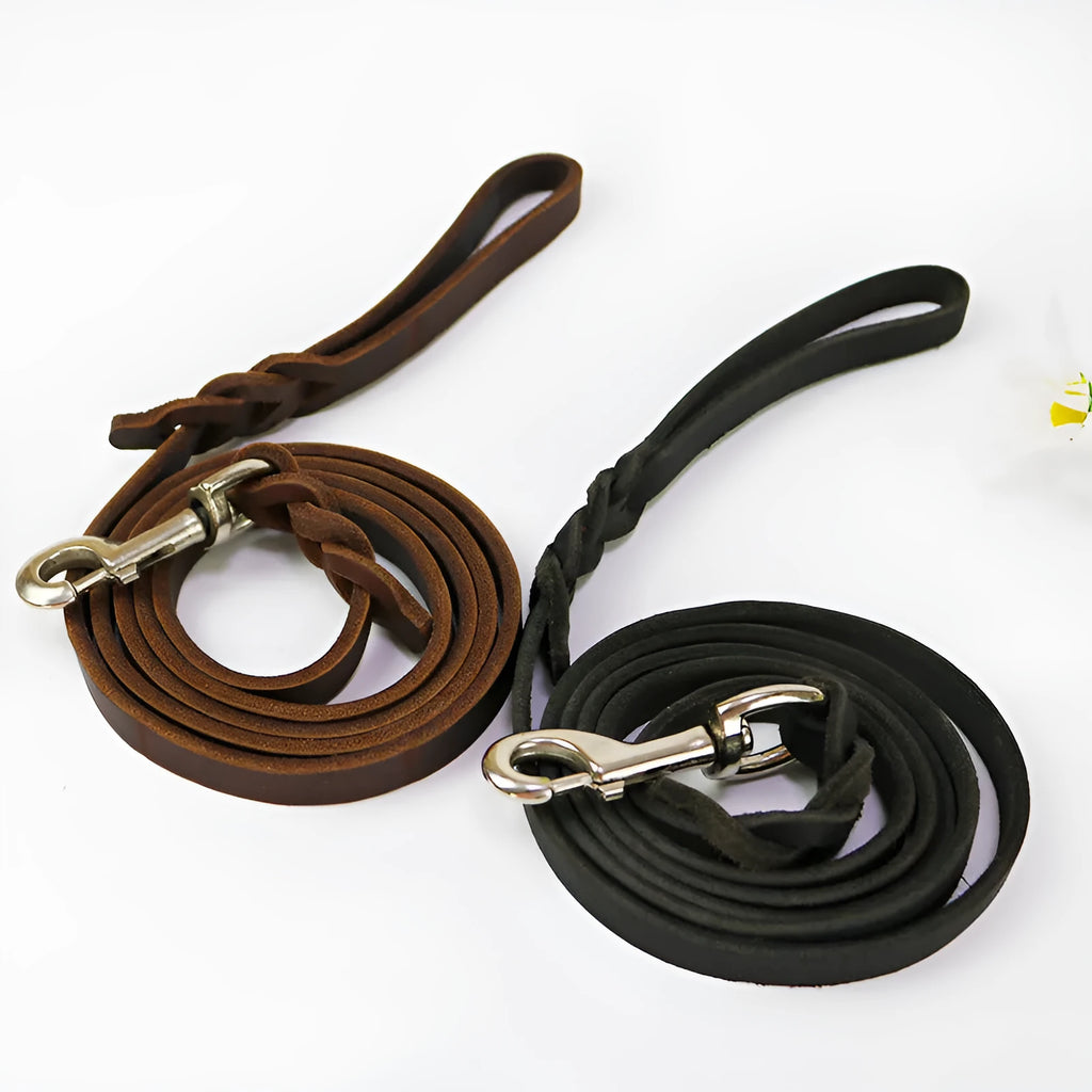 Cow leather dog walking rope in light brown or black colour for medium large breed dogs