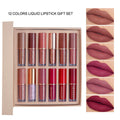 12-piece matte shimmer lip glaze set showing multiple colour options with non-stain formula