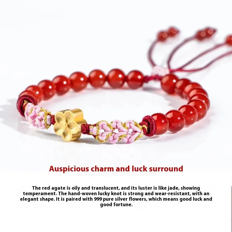Hand-woven women's bracelet with natural crystal peach blossom charm and adjustable rope strap