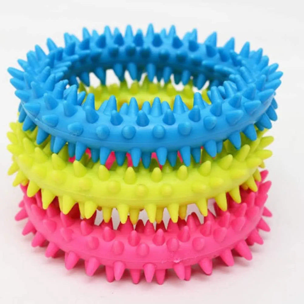 TPR spiky circle dog chew toy with dental cleaning nubs in multiple colour options