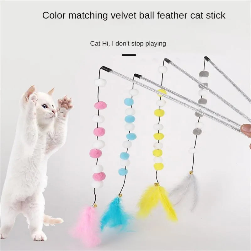 31cm long cat teaser interactive toy rod with feather pompon and bell attachment