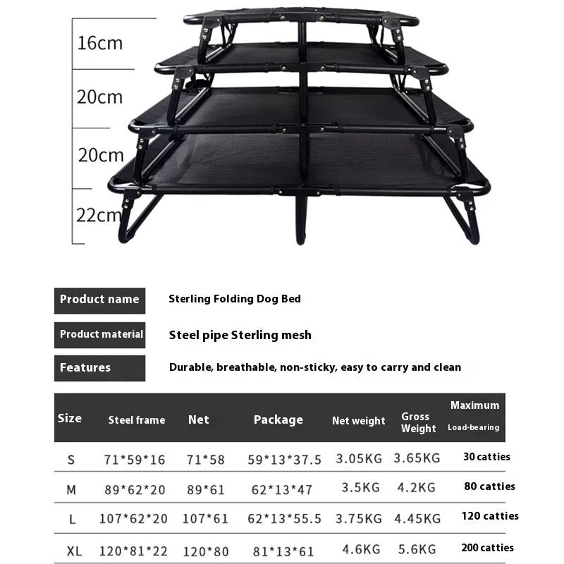 Folding steel frame dog camp bed with mesh platform and removable mattress