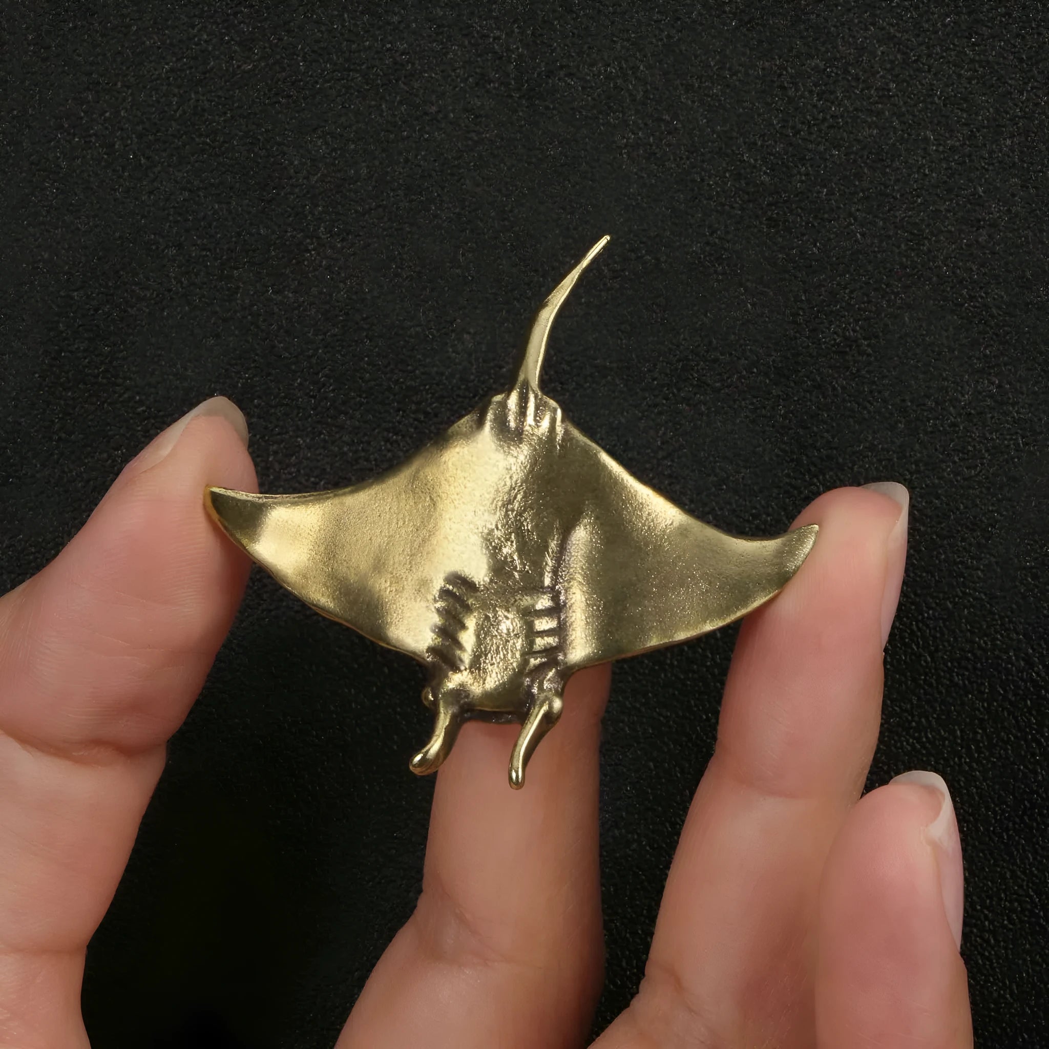 Brass devil fish ornament figurine on a surface, showing metallic colour and intricate devil fish design