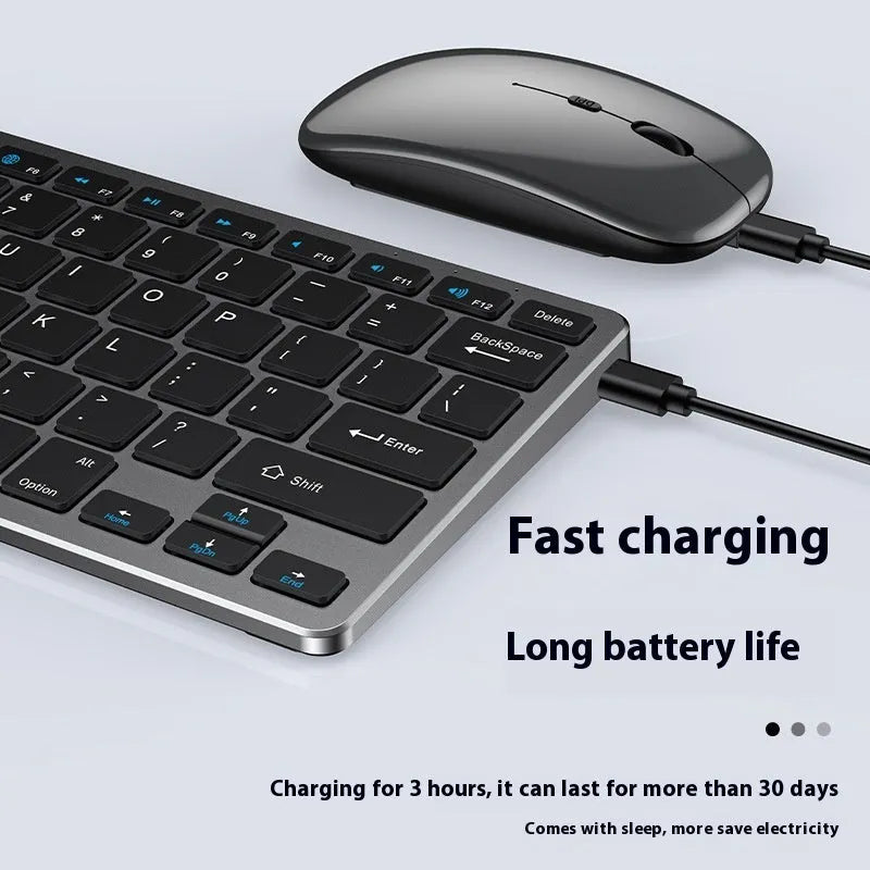 Ultra-thin wireless keyboard and mouse set in black, gun colour, or silver with charging cable and receiver