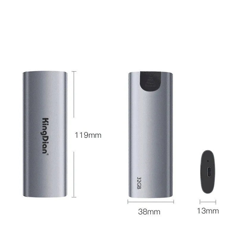 Grey mobile SSD hard drive with USB 3.0 connector for phones and computers.
